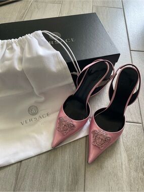 Authentic Versace Crystal Medusa Pink Satin Slingback Heels Size 36